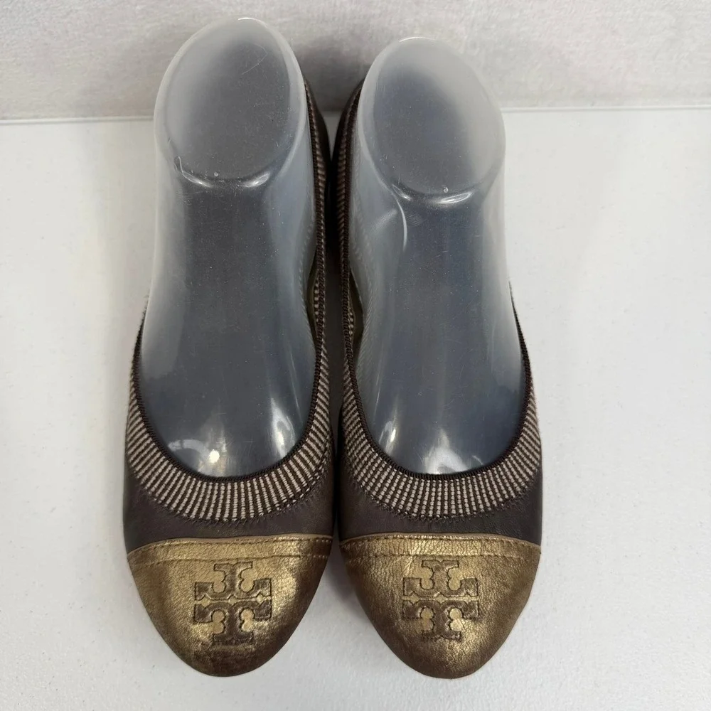 Tory Burch Sz 8.5 Gabby Ballet Flats Gun Metal Leather Gold‎ Cap Toe Logo Shoes